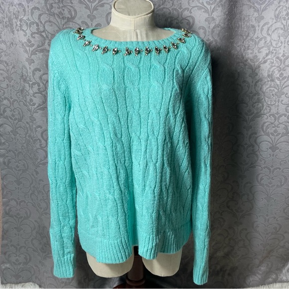 Lilly Pulitzer Dario Embellished Cable-Knit Aqua color Sweater.  Sz XL - Picture 5 of 12